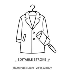 A coat on hanger with lint roller icon in minimalist style with editable stroke. Garment care, clothing cleaning, wardrobe object, household tool, fashion item, outline drawing