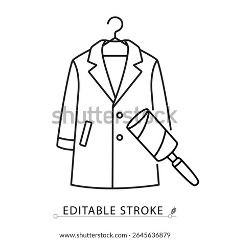 A coat on hanger with lint roller icon in minimalist style with editable stroke. Garment care, clothing cleaning, wardrobe object, household tool, fashion item, outline drawing