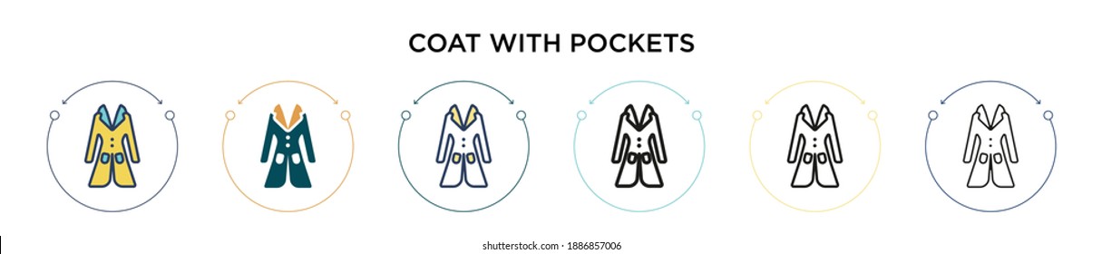 Coat mit Taschen Icon in gefüllt, dünne Linie, Umriss und Strich Stil. Vektorgrafik von zwei farbigen und schwarzen Mantel mit Taschen Vektorsymbole kann für mobile, i, web-basierte