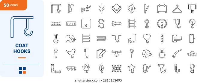 Coat rack hooks line icon set covering wall, entryway, storage, and hanging concepts, thin linear illustration.