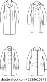 Coat set flat sketch. Classic overcoat apparel design. Front view. Women CAD mockup. Fashion technical drawing template. Vector illustration.