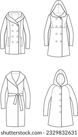 Coat with shawl and hood flat sketch. Overcoat set apparel design. Front view. Women CAD mockup. Technical drawing template. Vector illustration.