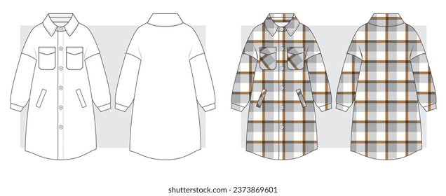 Coat shirt with check. Technical scketch. Vector illustration.