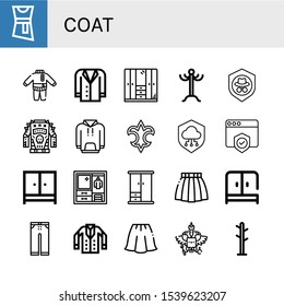 coat simple icons set. Contains such icons as Blouse, Clothes, Jacket, Wardrobe, Coat rack, Shield, Hoodie, Fleur de lis, Skirt, Trousers, can be used for web, mobile and logo