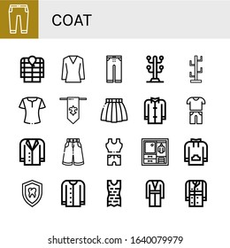 coat simple icons set. Contains such icons as Trousers, Anorak, Blouse, Coat stand, Fleur de lis, Skirt, Coat, Casual, Jacket, Clothes, Wardrobe, can be used for web, mobile and logo