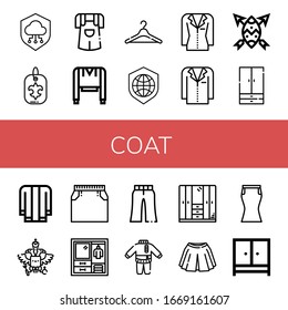 coat simple icons set. Contains such icons as Shield, Fleur de lis, Jumper, Sweatshirt, Hanger, Jacket, Wardrobe, Coat of arms, Skirt, Trousers, can be used for web, mobile and logo