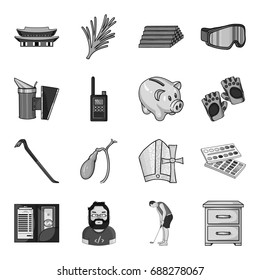 coat, smoke, beekeeping and other web icon in monochrome style.stick, chest, drawers icons in set collection.