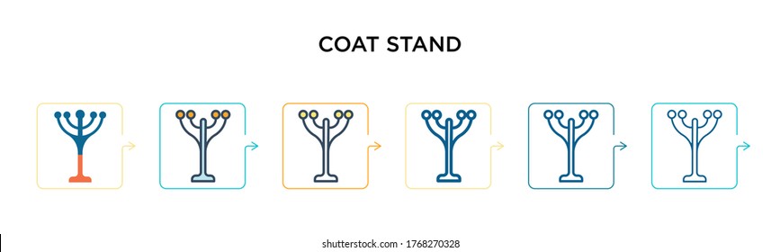 Icono del vector del soporte de abrigo en 6 estilos modernos diferentes. Iconos negros, de dos capas de color, diseñados con el estilo relleno, contorno, línea y trazo. La ilustración vectorial se puede usar para web, móvil, ui