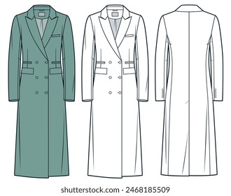 Сlassical Coat technical fashion illustration. Double breasted Coat fashion flat technical drawing template, front and back view, white, green, women, men, unisex Outerwear CAD mockup set.