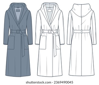 Coat technical fashion Illustration. Hooded Coat fashion flat technical drawing template, belt, pockets, front and back view, white, grey, women, men, unisex Outerwear CAD mockup set.