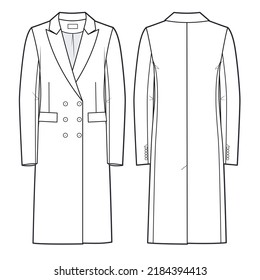Coat technical fashion illustration. Unisex wool Coat fashion flat  template, classic, double breasted, front, back view, white. Outerwear women, men, unisex CAD mockup.