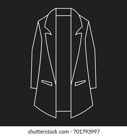 Coat in thin line style icon vector illustration for design and web isolated on black background. Coat vector object for label and logo