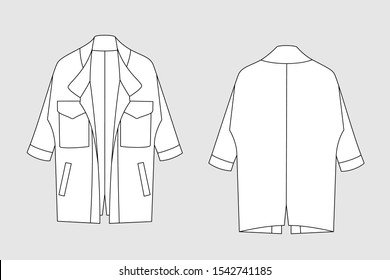 Coat vector template isolated on a grey background. Front and back view. Outline fashion technical sketch of clothes model.