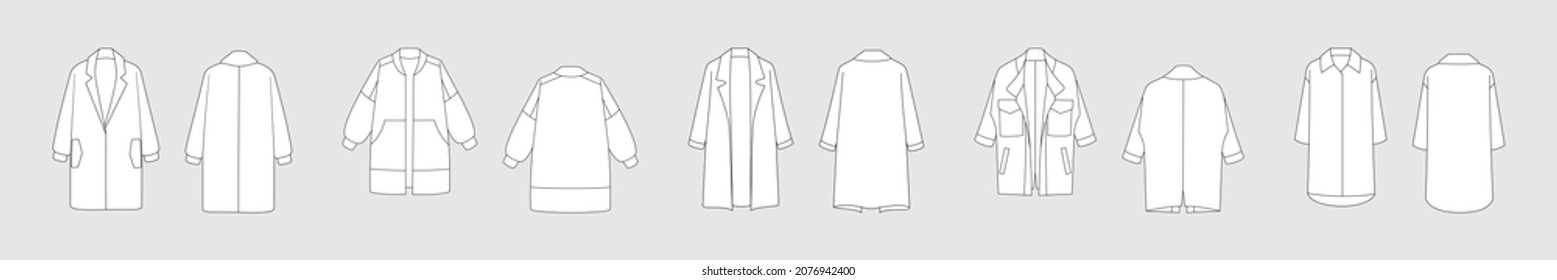 Coat vector template set isolated on a grey background. Front and back view. Outline fashion technical sketch of clothes model.
