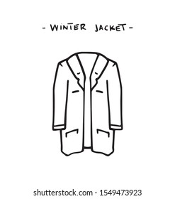 Coat or winter jacket simple outline illustration. Fashion symbol outfit decoration with letters text. Hand drawn clothing design. Casual textile winter model drawing. Isolated jacket symbol sketch.
