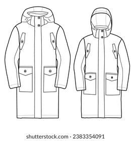 Coat woman, outerwear jackets technical fashion illustration.