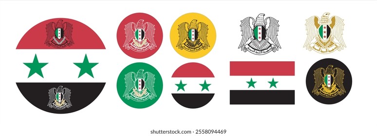 Coat_of_arms_of_Syria_set of The flag of Syria. Flag icon. Standard color. Standard size. A rectangular flag. Computer illustration. Digital illustration. Vector illustration. 