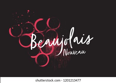 Coated Beaujolais Nouveau wine logo on the background of wine stains. Black background