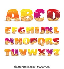 Coated waffles latin letters sweet alphabet with fruit flavor funny colorful pictograms collection poster abstract vector illustration 