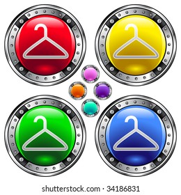 Coathanger Icon On Round Colorful Vector Buttons Suitable For Use On Websites, In Print Materials Or In Advertisements.  Set Include Red, Yellow, Green, And Blue Versions.