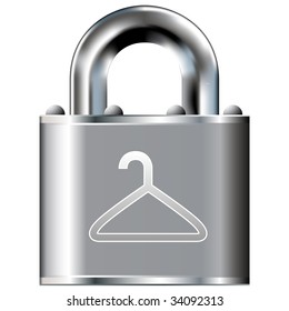 Coathanger icon on secure vector lock button.  Suitable for use on websites, in print, and on brochures.