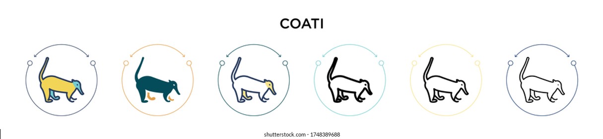 Coati icon in filled, thin line, outline and stroke style. Vector illustration of two colored and black coati vector icons designs can be used for mobile, ui, web