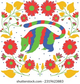 Coati Otomi Textile Pattern with Floral patterns