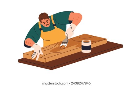 Madera de revestimiento, plancha de madera con aceite, barniz. Tablero de madera dura acabado con capa de protección final. Aplicando, esparciendo barniz sobre la madera. Ilustración vectorial gráfica plana aislada en fondo blanco