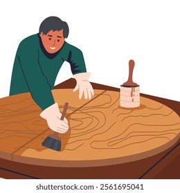 Coating wood, wooden plank with oil, varnish. Finishing hardwood board with final protection layer. Applying, spreading lacquer on timber. Hand drawn vector illustration.