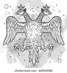 Coats of arms of the Russian Empire. Crowned double-headed eagles. Hand-drawn vector illustration isolated. Russian national motifs.