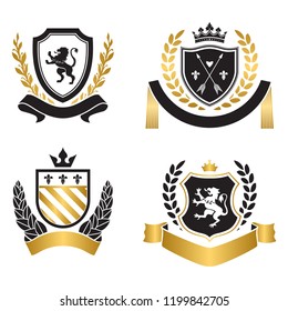 Coats of arms - shields with crown, arrows, laurel wreath at the sides. Based on and inspired by old heraldry. gold color on black background