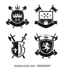 Coats of arms - shields with crown, town, halberds at the sides. Based on and inspired by old heraldry. black color on white background