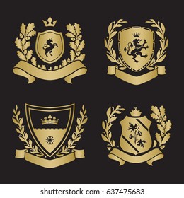 Coats of arms - shields with crown, unicorn, laurel wreath at the sides. Based on and inspired by old heraldry. gold color on black background