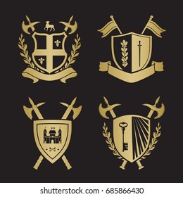 Coats of arms - shields with fleur-de-lys, town, halberds at the sides. Based on and inspired by old heraldry. gold color on black background