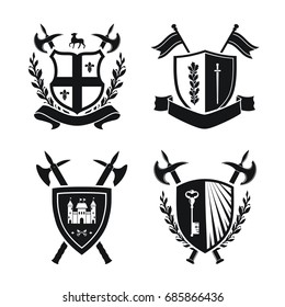 Coats of arms - shields with fleur-de-lys, town, halberds at the sides. Based on and inspired by old heraldry. black color on white background