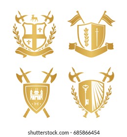 Coats of arms - shields with fleur-de-lys, town, halberds at the sides. Based on and inspired by old heraldry. gold color on white background