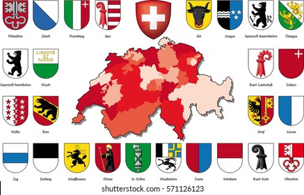 coats of arms of the Swiss cantons - map  - vector