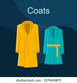 Coats fashion flat concept vector icon. Autumn fashion idea cartoon color illustrations set. Fall outfit. Clothing store. Womens wear. Jacket, trench coat. Shopping. Isolated graphic design element