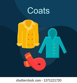 Coats flat concept vector icon. Autumn fashion idea cartoon color illustrations set. Casual style outfit. Fall clothing. Hooded jacket, scarf. Outerwear. Warm clothes. Isolated graphic design element