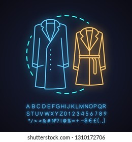 Coats neon light concept icon. Fall outfit. Autumn clothes. Clothing store idea. Glowing sign with alphabet, numbers and symbols. Vector isolated illustration