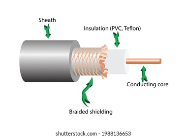 Coaxial cable layers and parts, conducting, isolation and sheath. Infographic of electric cable wire technology.