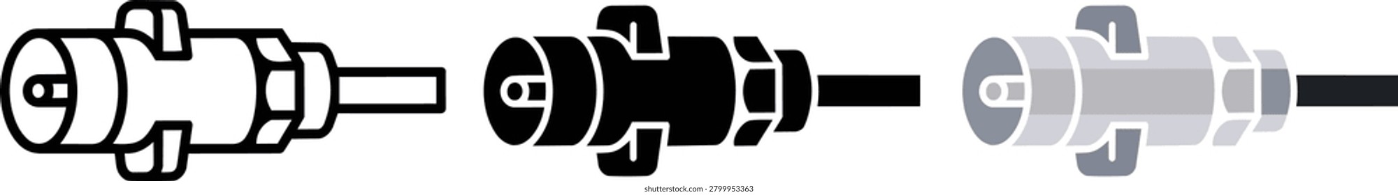 A coaxial connector symbol shown in three styles: outline, solid black, and flat design with gray and black colors. This represents a common type of electrical plug for cables.