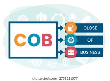 COB - Close of Business acrônimo. fundo do conceito de negócio. conceito de ilustração vetorial com palavras-chave e ícones. ilustração de letras com ícones para banner web, flyer, landing page