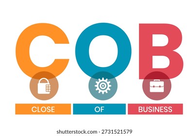 COB - Close of Business acrônimo. fundo do conceito de negócio. conceito de ilustração vetorial com palavras-chave e ícones. ilustração de letras com ícones para banner web, flyer, landing page