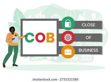 COB - Close of Business acrônimo. fundo do conceito de negócio. conceito de ilustração vetorial com palavras-chave e ícones. ilustração de letras com ícones para banner web, flyer, landing page