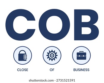 COB - Close of Business acrônimo. fundo do conceito de negócio. conceito de ilustração vetorial com palavras-chave e ícones. ilustração de letras com ícones para banner web, flyer, landing page