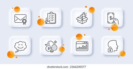 Cobalamin vitamin, Checklist and Marketing statistics line icons pack. 3d glass buttons with blurred circles. Speech bubble, Verified mail, Unlock system web icon. Vector