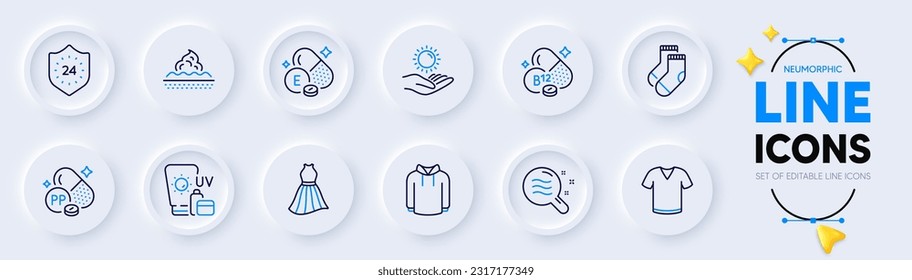 Iconos de la línea de cuidados de la piel y la vitamina cobalamina para aplicaciones web. Envase de iconos de pictograma de camiseta, vestido, zócalos. Niacina, 24 horas, signos de protección solar. Estado de la piel, vitamina e, protector solar. Vector