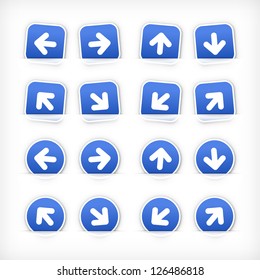 Cobalt arrow sign paper sticker on cut pocket. Web button satined circles and rounded square shapes with gray drop shadow on white background. Vector illustration clip-art design element in 10 eps