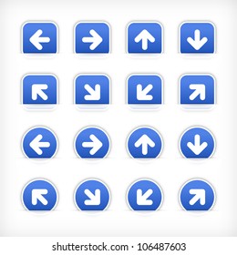 Cobalt arrow sign sticker on cut paper pocket. Web button blank satin circles and rounded square shapes with gray drop shadow on white background. This vector illustration design element 10 eps